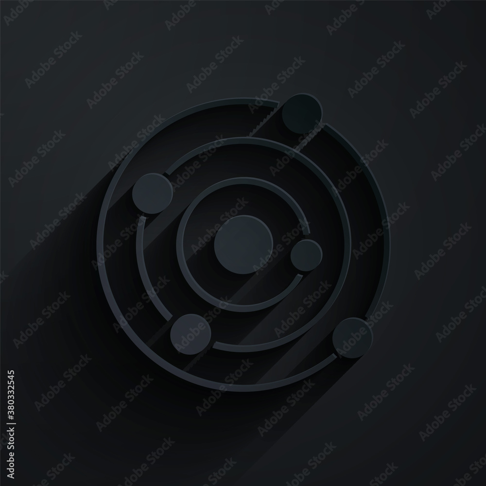 Paper cut Solar system icon isolated on black background. The planets revolve around the star. Paper