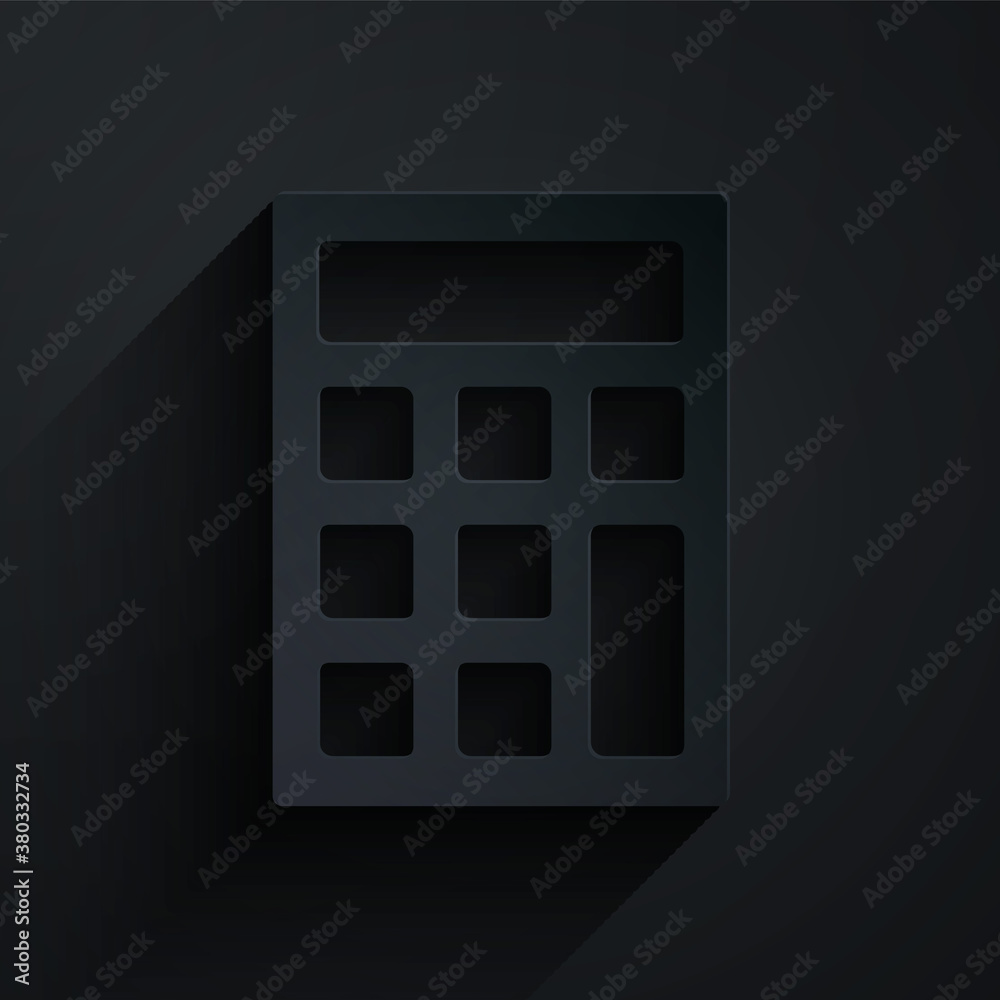 Paper cut Calculator icon isolated on black background. Accounting symbol. Business calculations mat