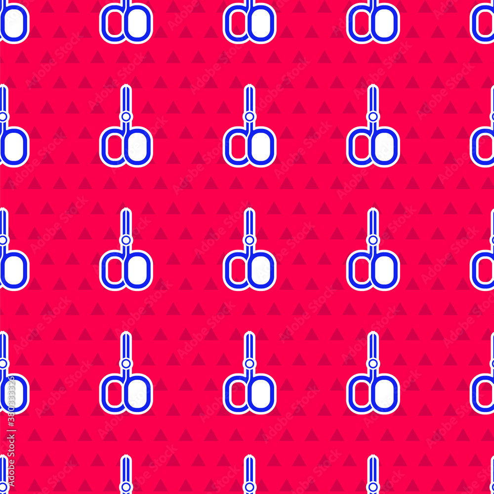 Blue Nail scissors cuticle cut beauty salon icon isolated seamless pattern on red background. Cosmet