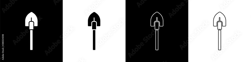 Set Shovel icon isolated on black and white background. Gardening tool. Tool for horticulture, agric