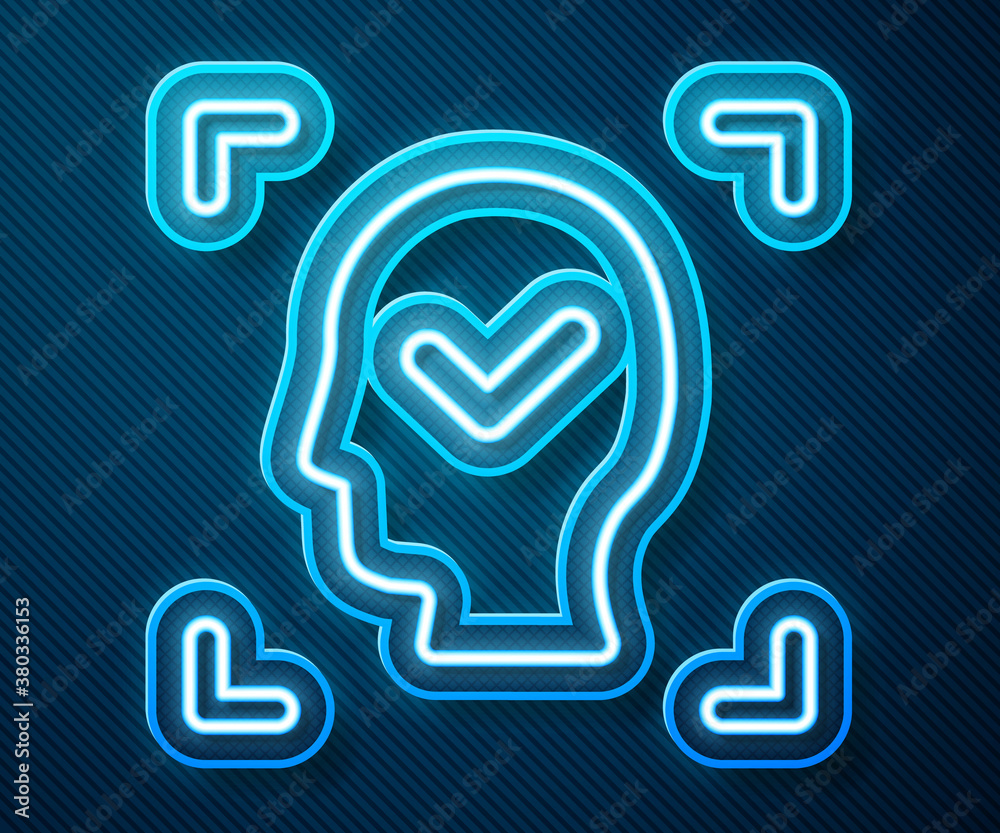 Glowing neon line Face recognition with check mark icon isolated on blue background. Face identifica