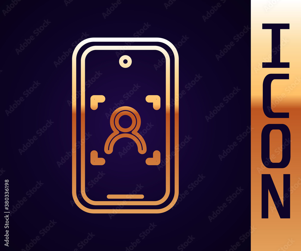 Gold line Mobile phone and face recognition icon isolated on black background. Face identification s