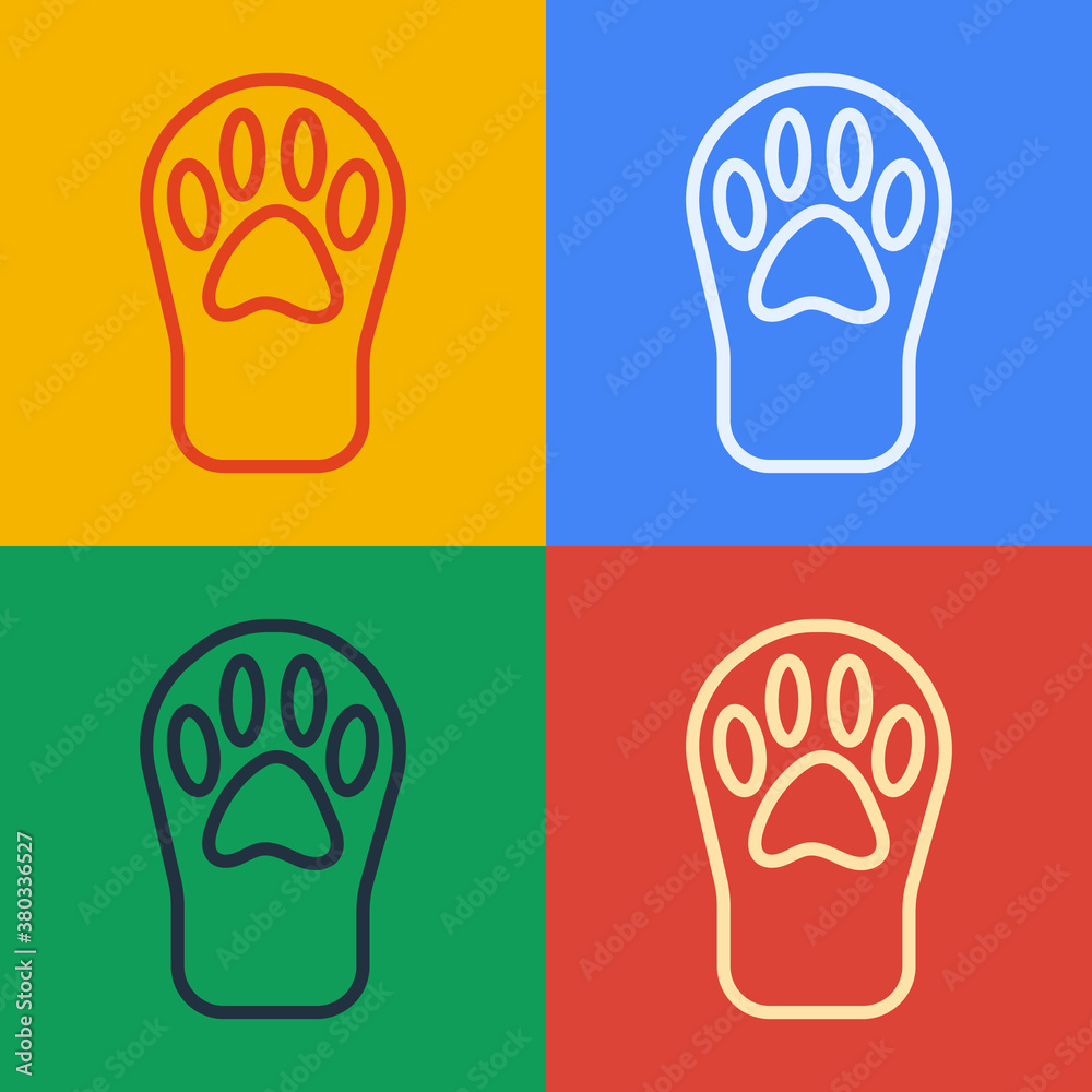 Pop art line Paw print icon isolated on color background. Dog or cat paw print. Animal track. Vector