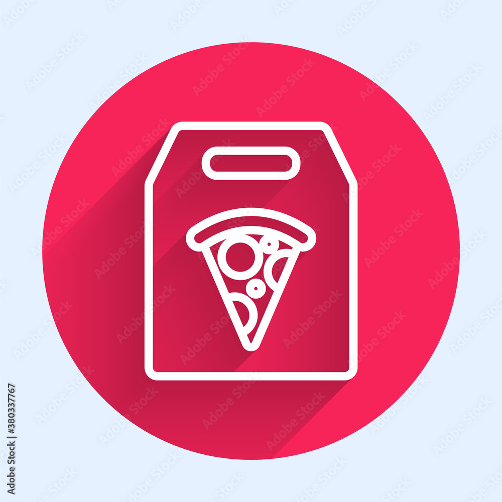 White line Online ordering and fast pizza delivery icon isolated with long shadow. Red circle button