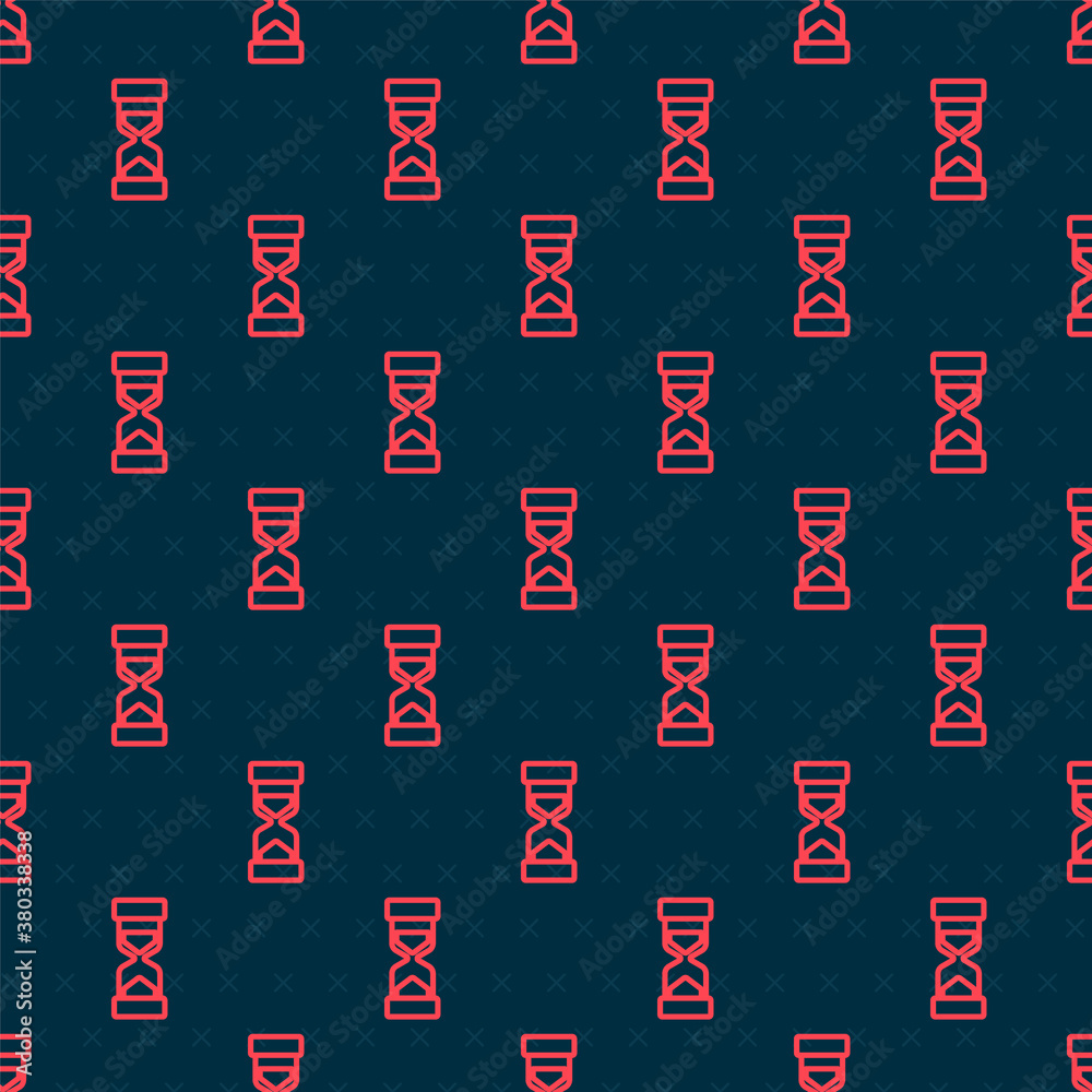 Red line Old hourglass with flowing sand icon isolated seamless pattern on black background. Sand cl