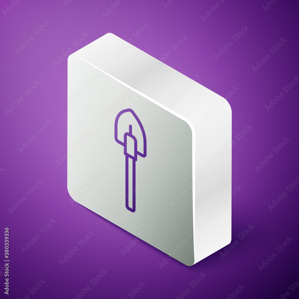 Isometric line Shovel icon isolated on purple background. Gardening tool. Tool for horticulture, agr