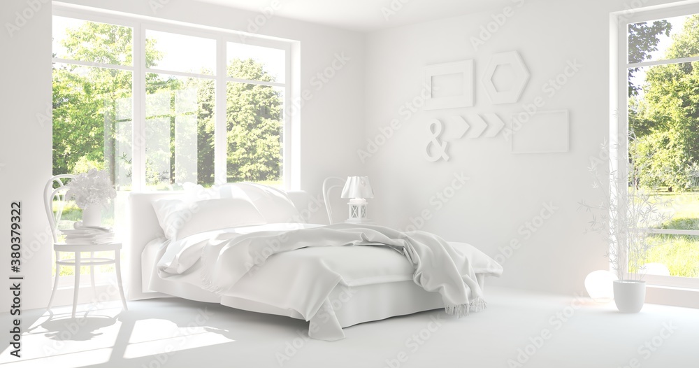 Stylish bedroom in white color with summer landscape in window. Scandinavian interior design. 3D ill