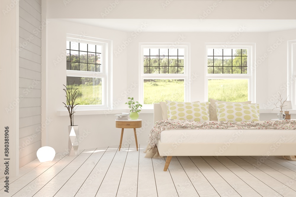 Stylish bedroom in white color with summer landscape in window. Scandinavian interior design. 3D ill