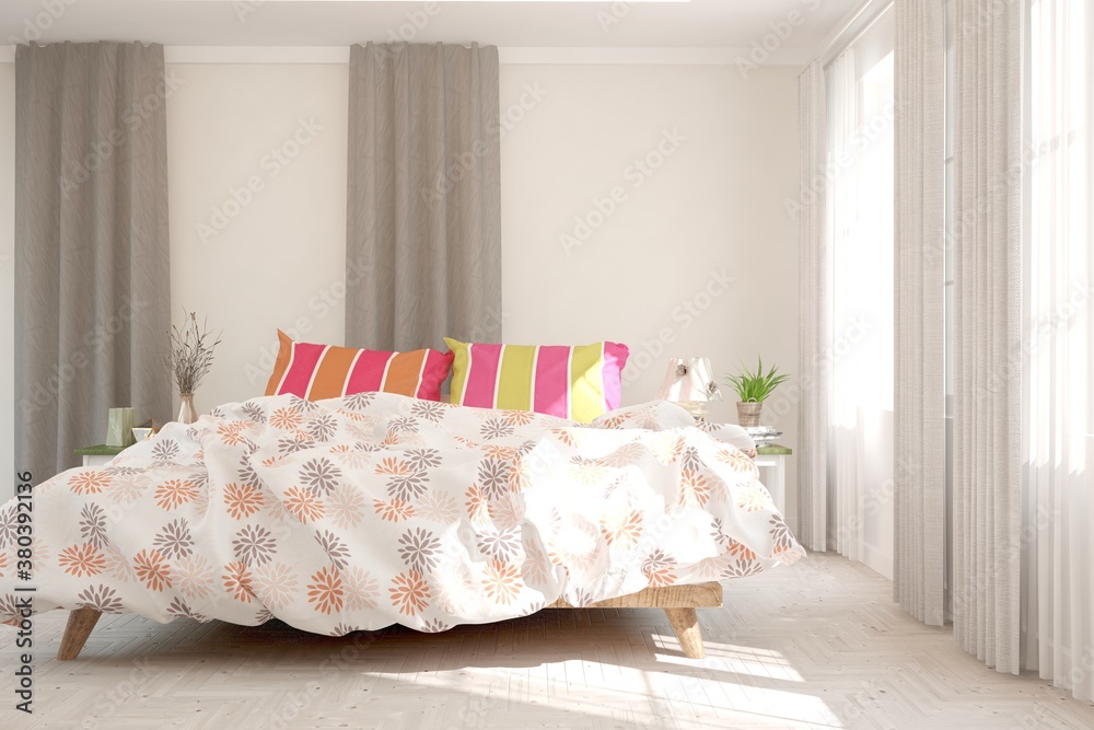 White bedroom interior. Scandinavian design. 3D illustration