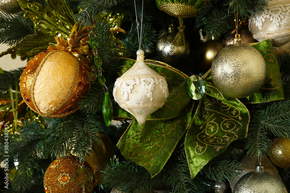 Close up Christmas tree decorations hanging