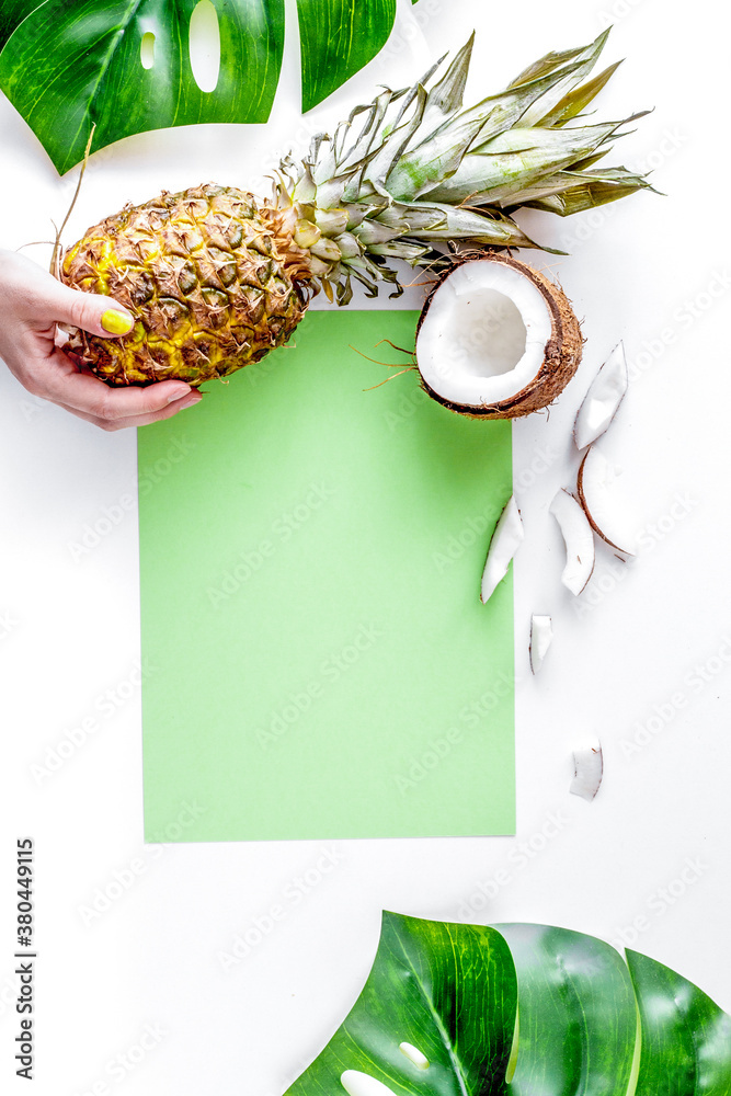 summer dessert with pineapples and coconut on white background top view mock up