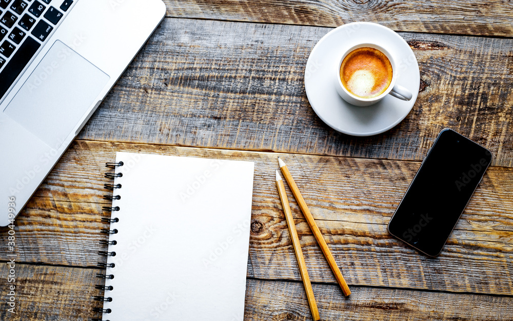 Mans working place at wooden table - nobody