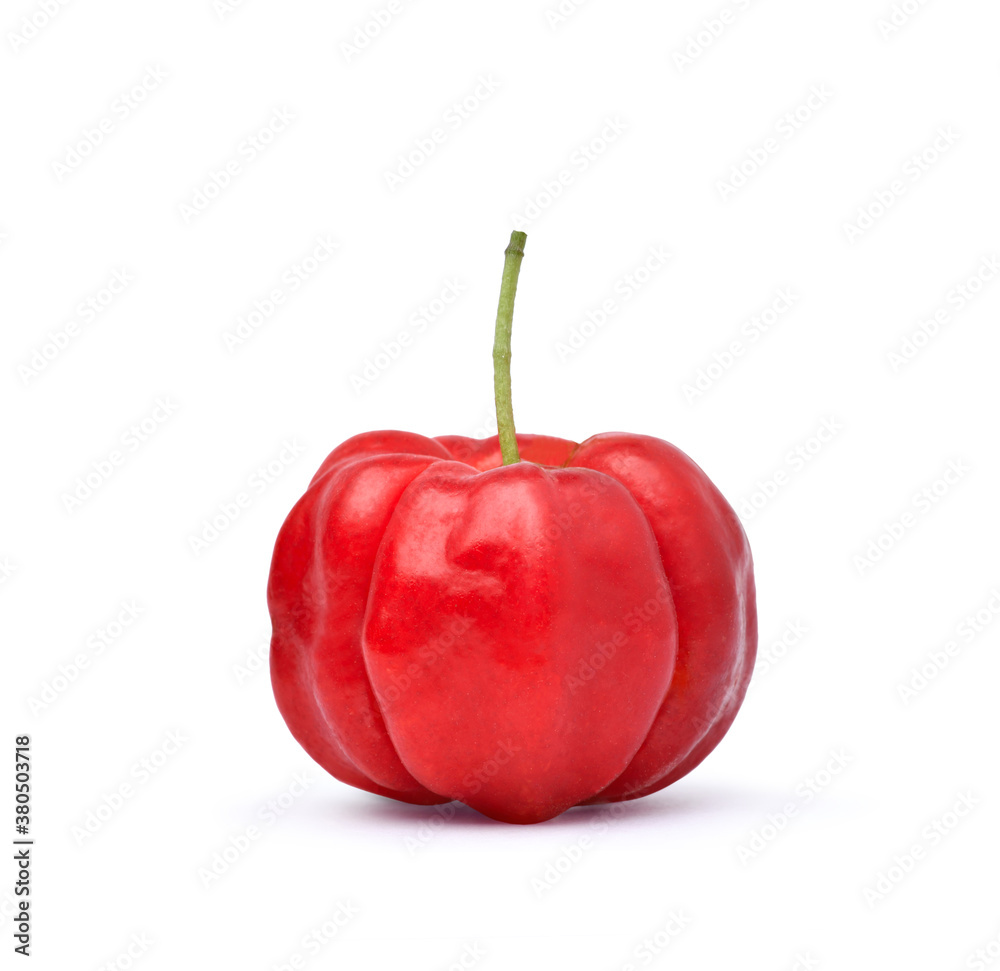 Red organic Acerola Cherry  isolated on white with clipping path.