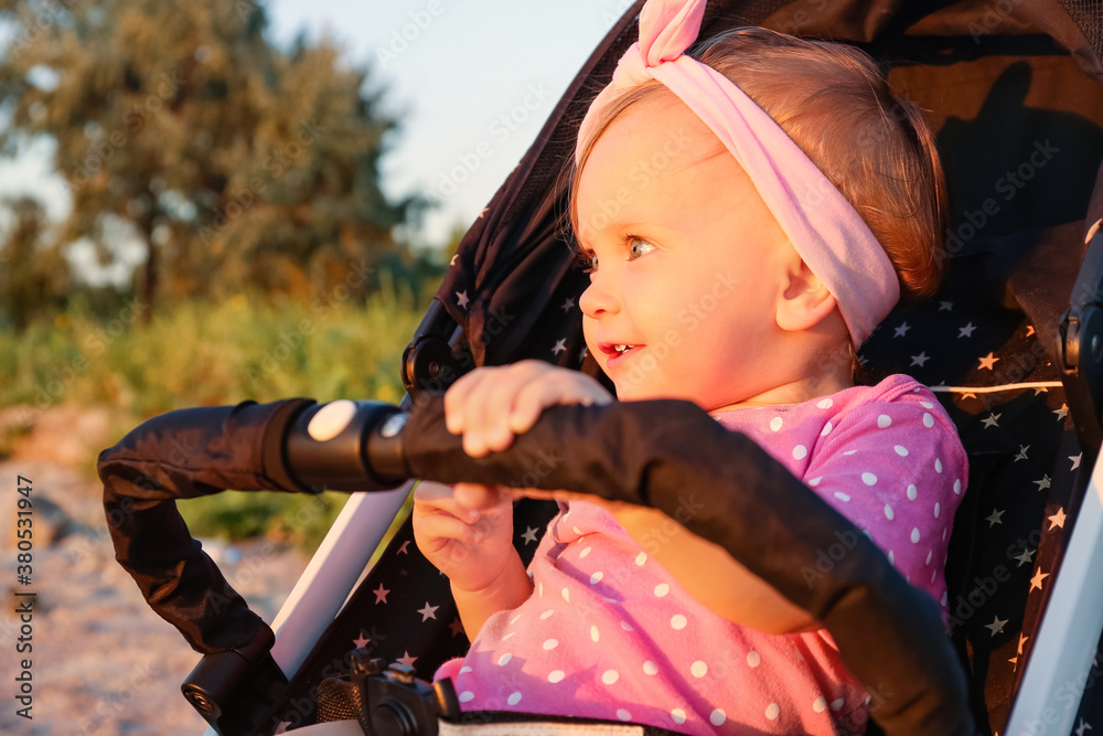 Cute baby in stroller outdoors