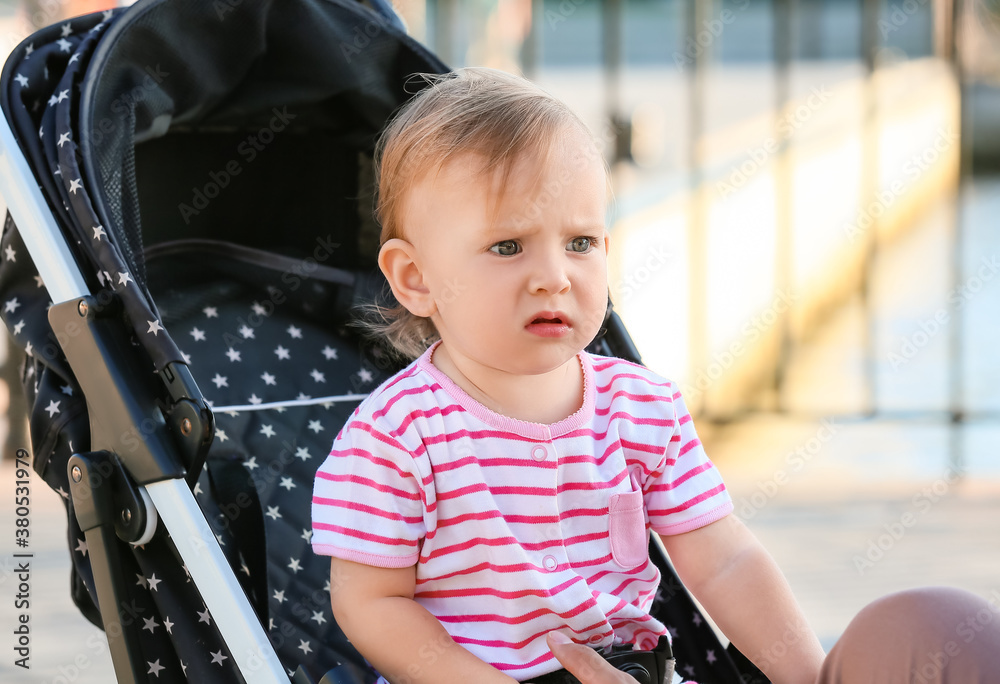 Woman and her cute baby in stroller outdoors