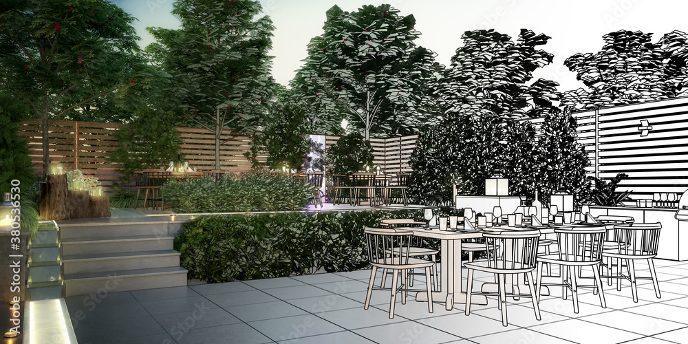 Garden Restaurant by Evening (draft) - panoramic 3d visualization