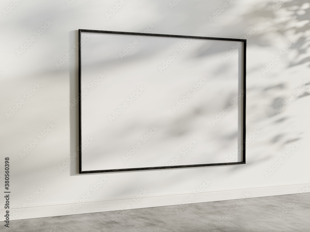 Black frame hanging in bright interior mockup. Template of a picture framed on a wall 3D rendering