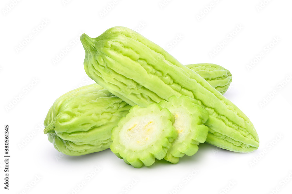 Fresh Bitter melon (Bitter gourd) with sliced isolated on white background.