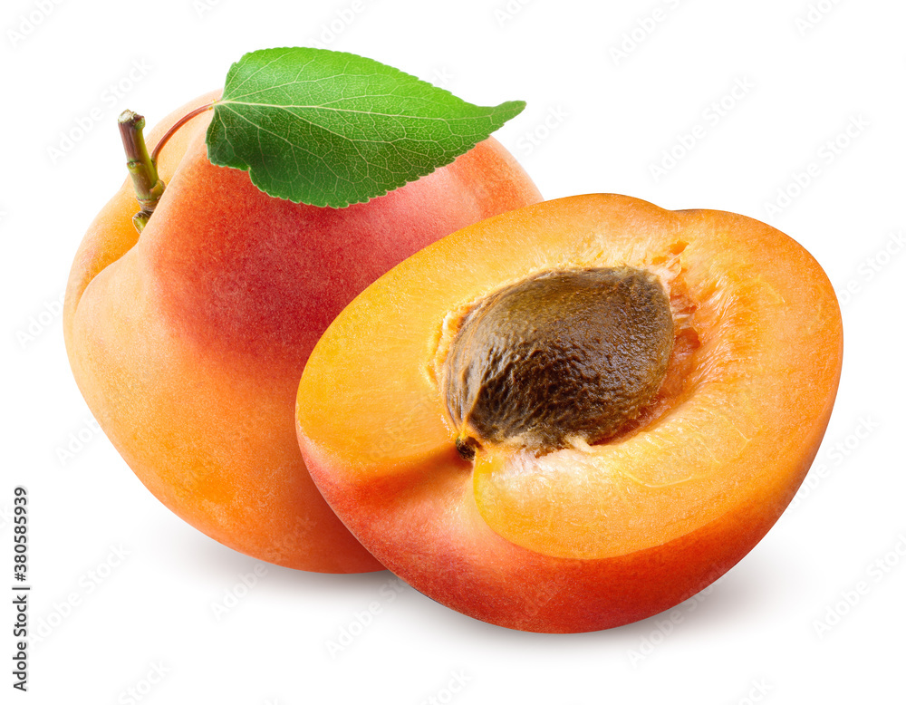 Apricots. Apricots isolate on white. Whole apricot with half  and leaf. Fresh apricot. With clipping