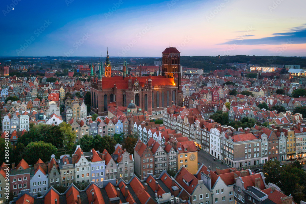 Aerial view of the old town in Gdansk with amazing architecture at sunset, Poland