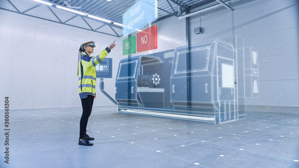 Industry 4.0 Modern Factory: Female Engineer Wearing Augmented Reality Headset Uses Mixed Reality an