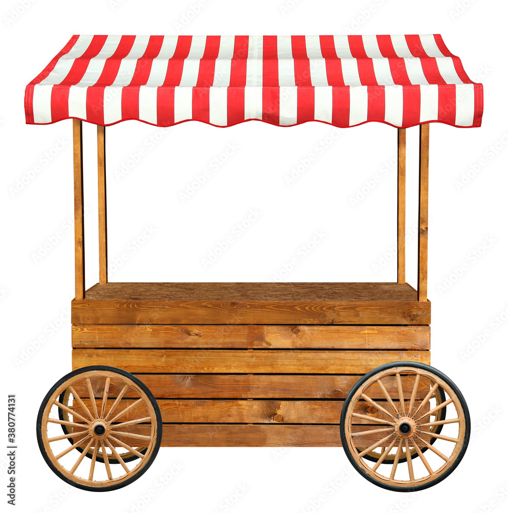 Mobile street market stand stall with wheels and red white striped awning