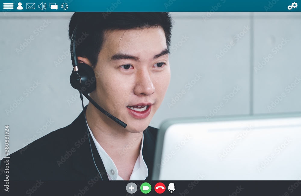 Business people meeting in video conference app on laptop monitor view . Online seminar application 