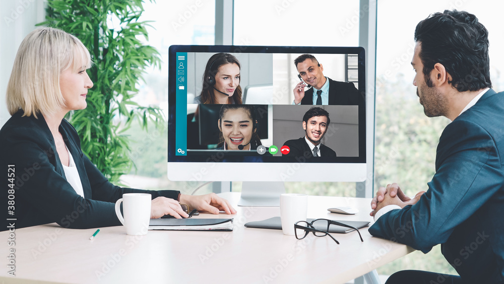 Video call group business people meeting on virtual workplace or remote office. Telework conference 