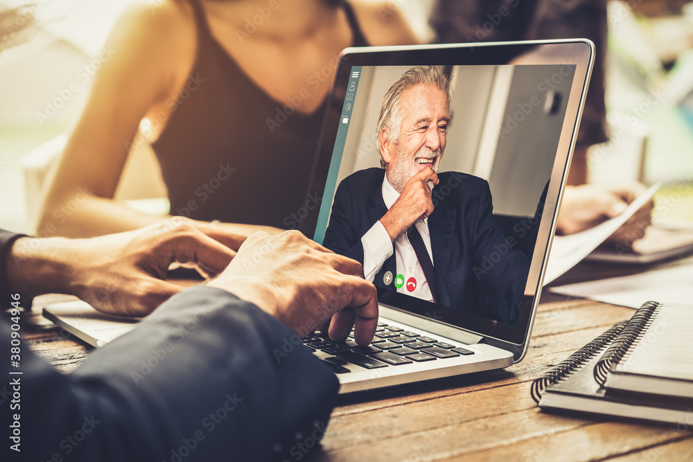 Video call group business people meeting on virtual workplace or remote office. Telework conference 