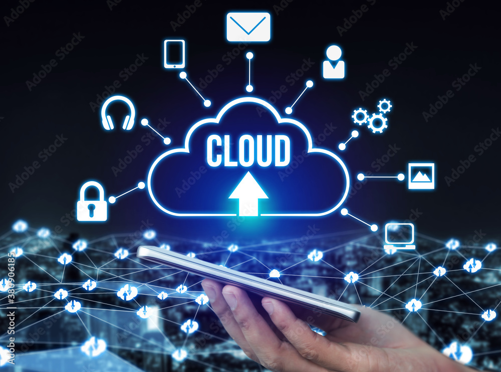 Cloud computing technology and online data storage for global data sharing. Computer connects to int