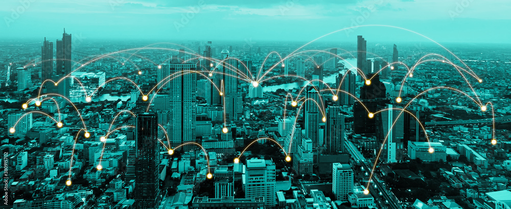 The modern creative communication and internet network connect in smart city . Concept of 5G wireles