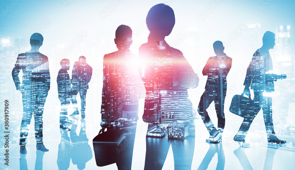 Abstract image of many business people together in group on background of city view with office buil