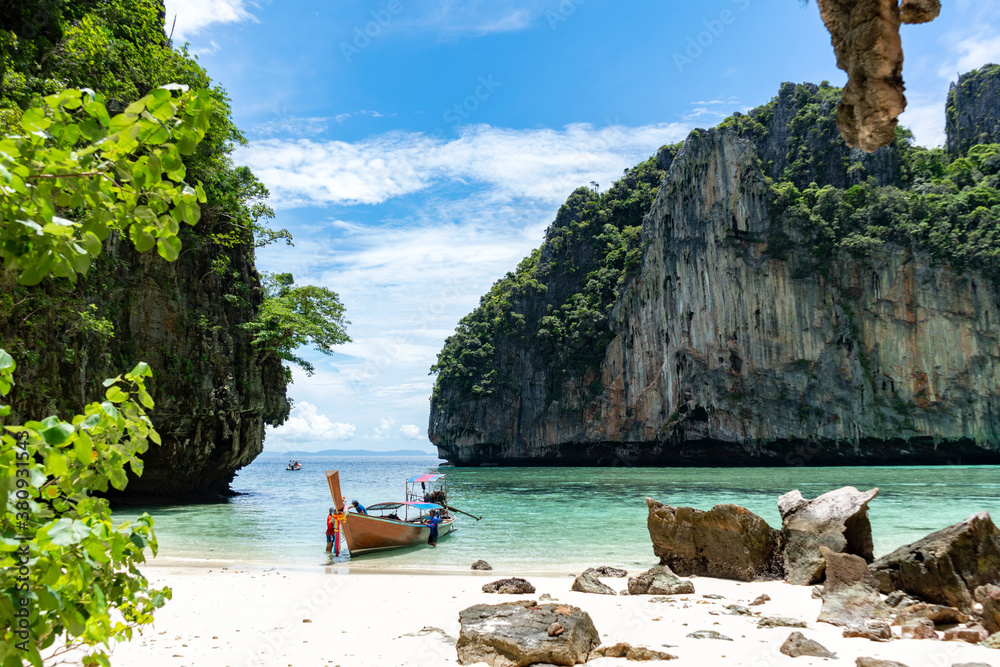 Longtail boat on Loh Samah Bay Phi phi Island Thailand Beautiful island in thailand.