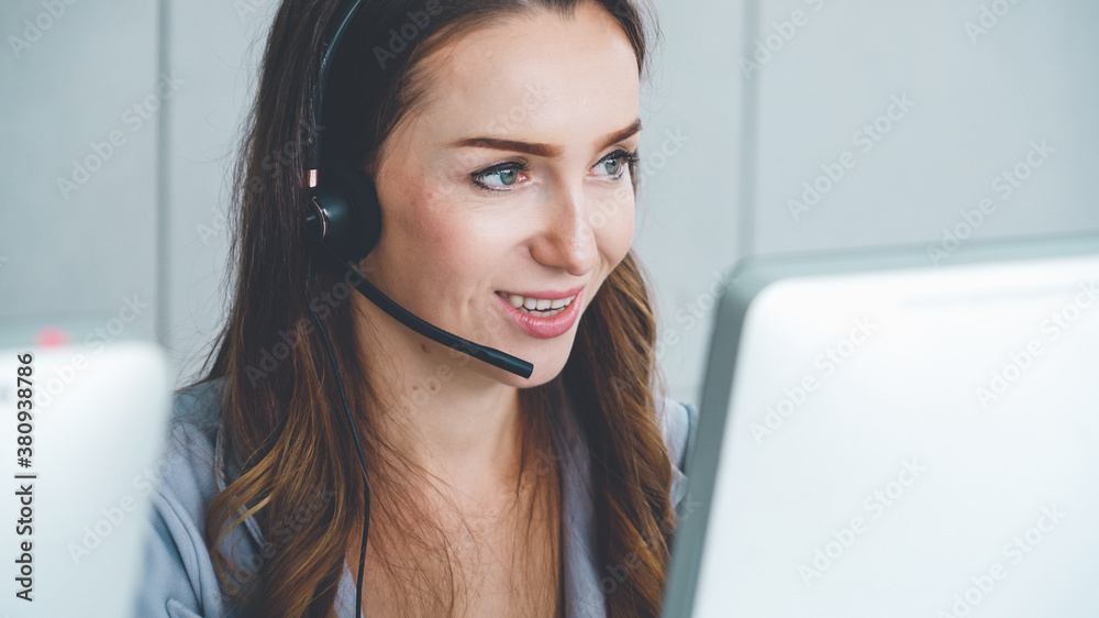 Business people wearing headset working in office to support remote customer or colleague. Call cent