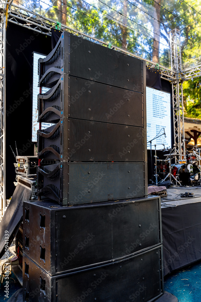 Professional musical sound dynamics of large size. Big speakers on concert.