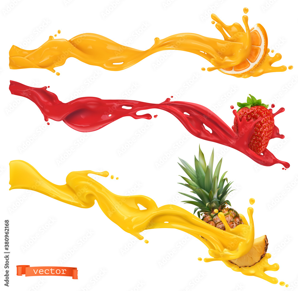 Sweet splashes. Orange, strawberry, pineapple. 3d realistic vector illustration