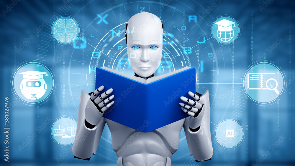 3D illustration of robot humanoid reading book in concept of future artificial intelligence and 4th 