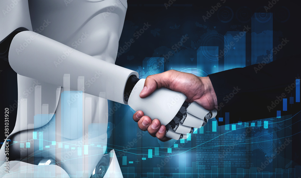 3D rendering humanoid robot handshake with stock market trading chart showing buy and sell decision 