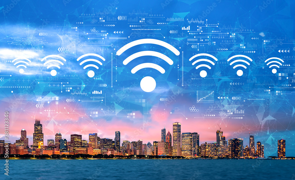 Wifi theme with downtown Chicago cityscape skyline with Lake Michigan