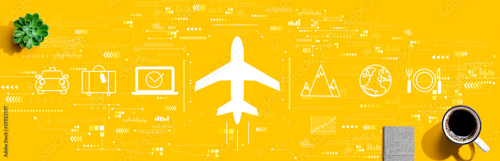 Flight ticket booking concept with a cup of coffee and a notebook