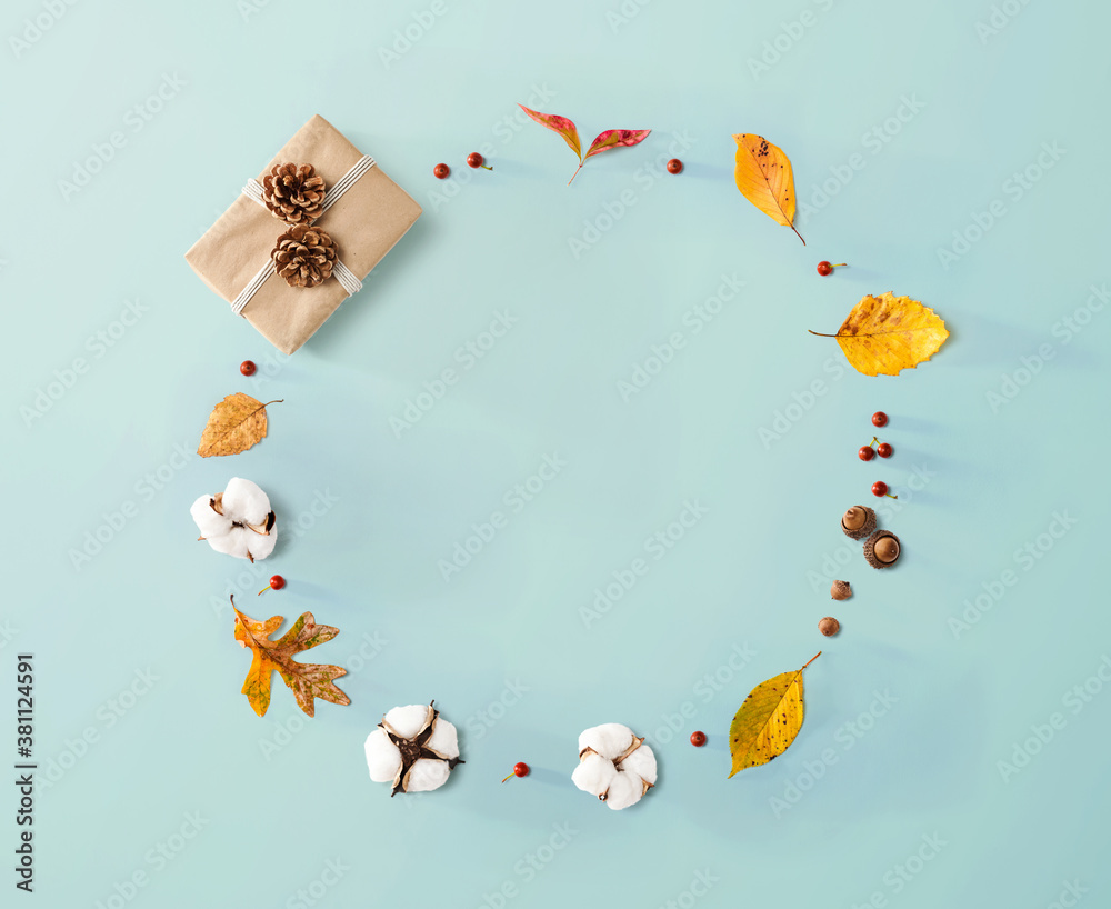 Gift box with autumn theme - overhead view flat lay