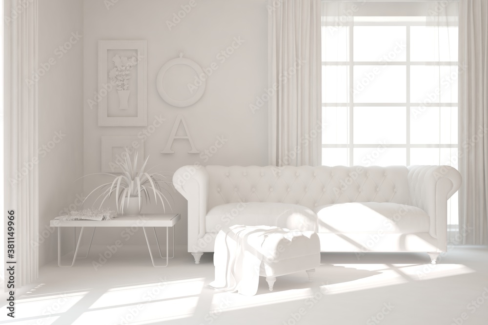 White minimalist living room with sofa. Scandinavian interior design. 3D illustration