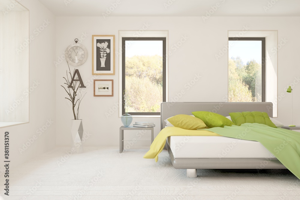 White bedroom interior. Scandinavian design. 3D illustration