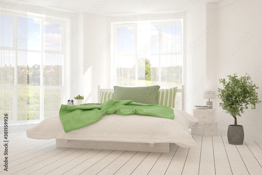 Stylish bedroom in white color with summer landscape in window. Scandinavian interior design. 3D ill