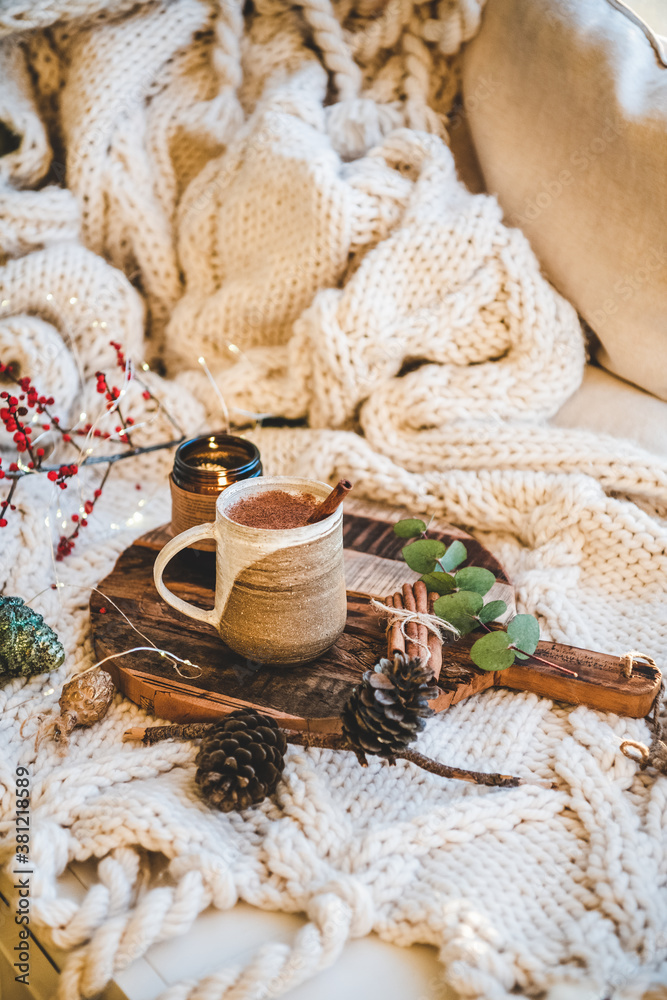 Turkish traditional wintertime hot drink Salep. Mug of sweet warming Salep drink with ground cinnamo