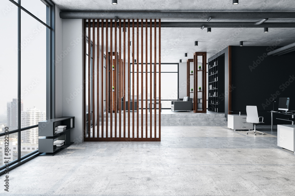 Contemporary living room with shelf with books and panoramic city view.