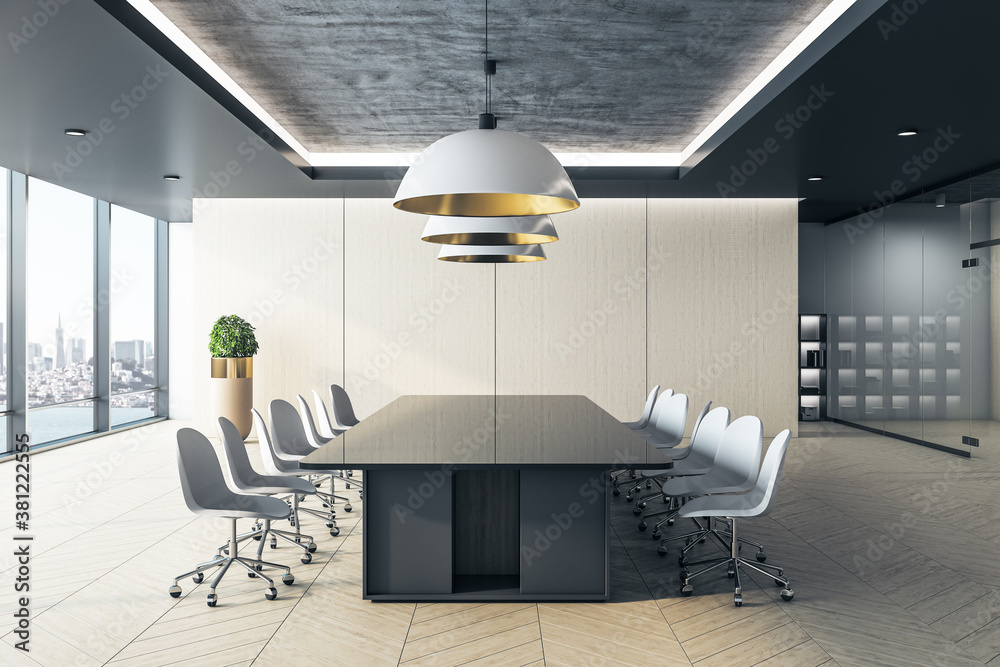 Modern meeting room with long conference table