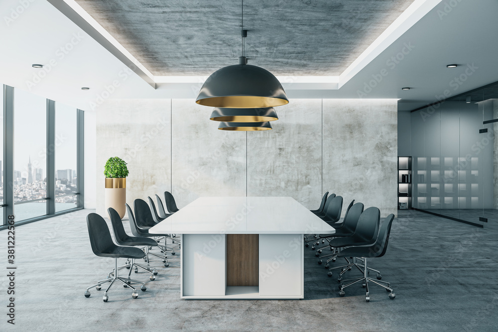 Contemporary meeting room interior with city view and furniture.