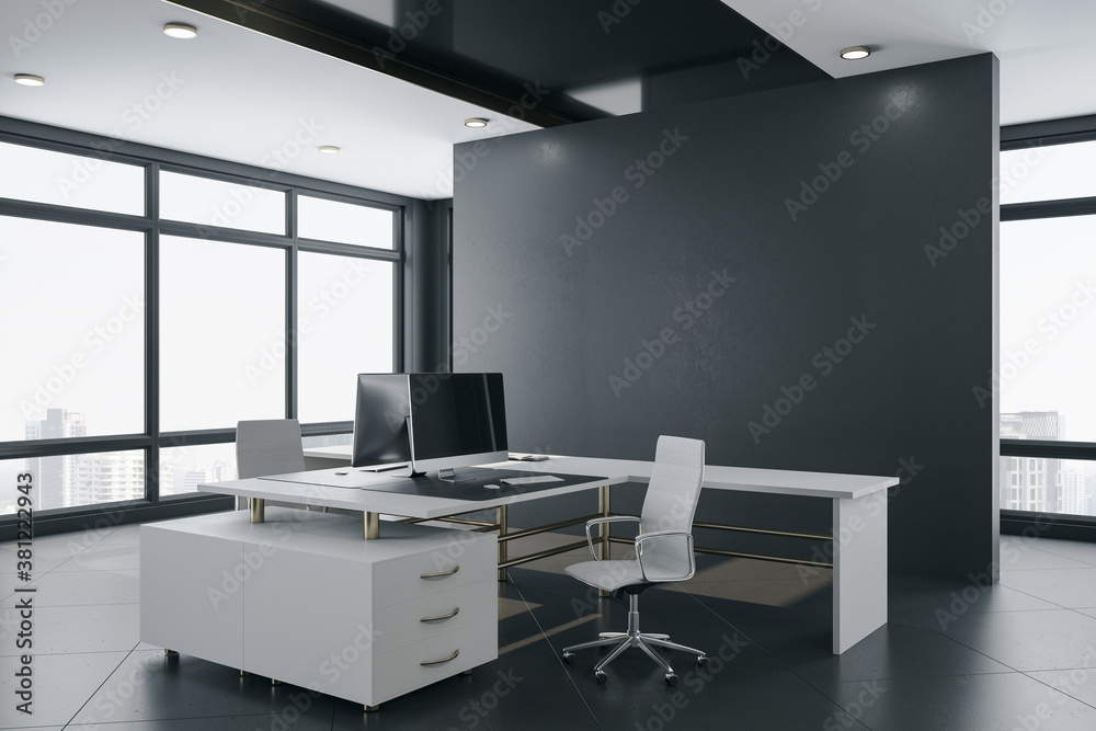 Contemporary coworking office interior with furniture and city view.