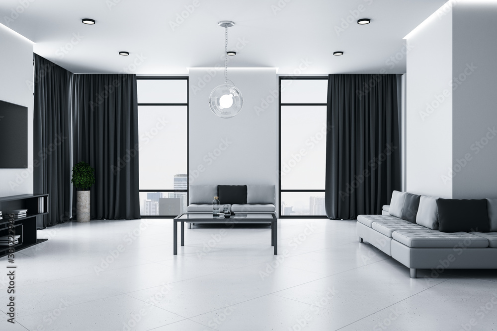 Living room with sofa, shelf with books and tv on wall.